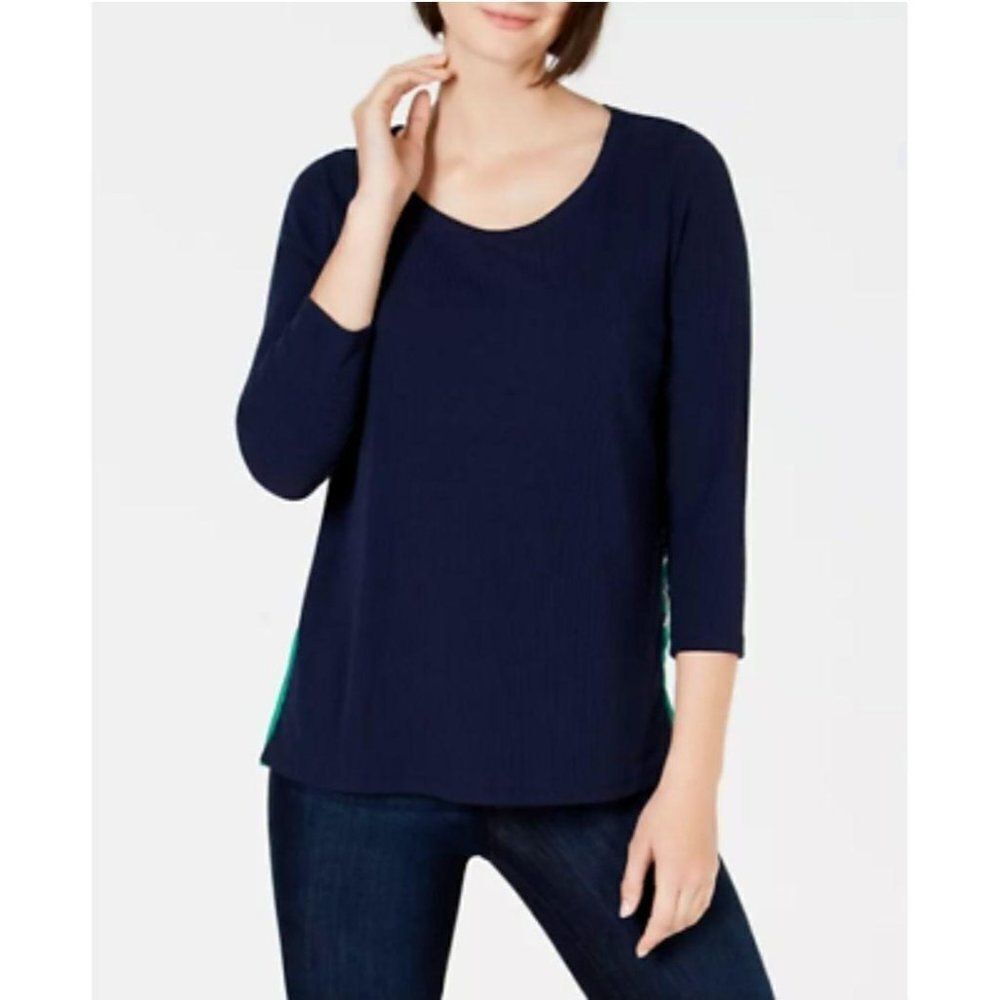 Charter Club Contrast Pleated-Back Long Sleeve Ribbed Top Large Navy Polyester